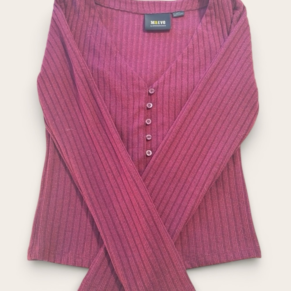 Maeve by Anthropologie Ribbed Henley Top XS | Burgundy Long Sleeve